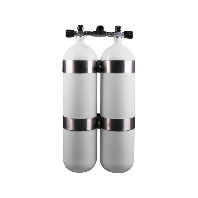 Twinset Steel Cylinders 12 litre long, 230 bar, DIR Style - stainless steel tank bands and rubber knobs