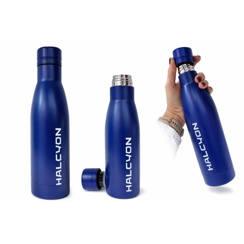 Halcyon blue thermos bottle with HALCYON logo