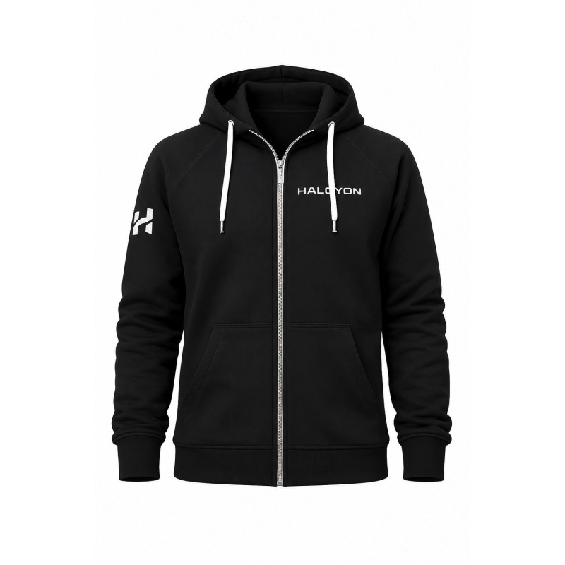 Halcyon Zip Sweatshirt black hoodie with new logo front view