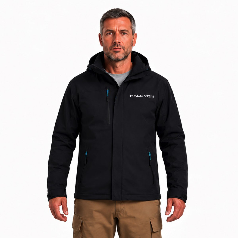 Halcyon softshell jacket detail with chest pocket and waterproof zipper