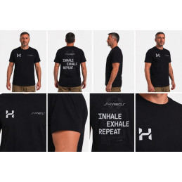 T-shirt Halcyon Inhale Exhale nera con vista fronte, retro, profilo e dettagli grafici Symbios CCR