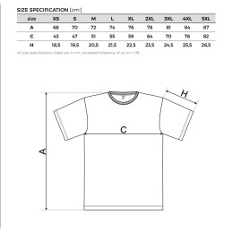 Tabella taglie T-Shirt Halcyon Inhale Exhale unisex con misure lunghezza, larghezza torace e manica dalla XS alla XXXL