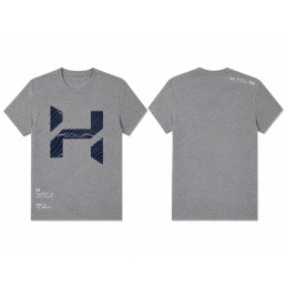 T-Shirt Halcyon grigia con logo blu oversize vista fronte e retro