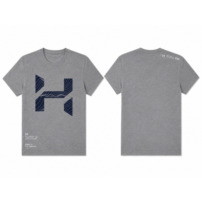 Halcyon grey t-shirt with oversized blue logo front and back view